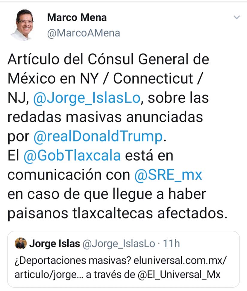 Respalda Marco Mena a migrantes tlaxcaltecas ante redadas anunciadas por Donald Trump