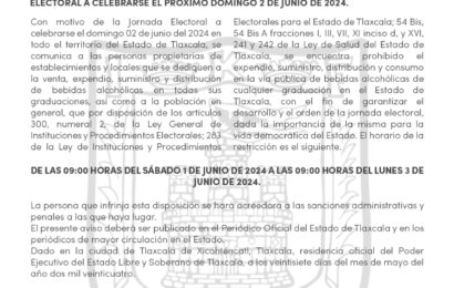 Ley Seca en Tlaxcala contribuye al desarrollo ordenado de la jornada electoral del 2 de junio