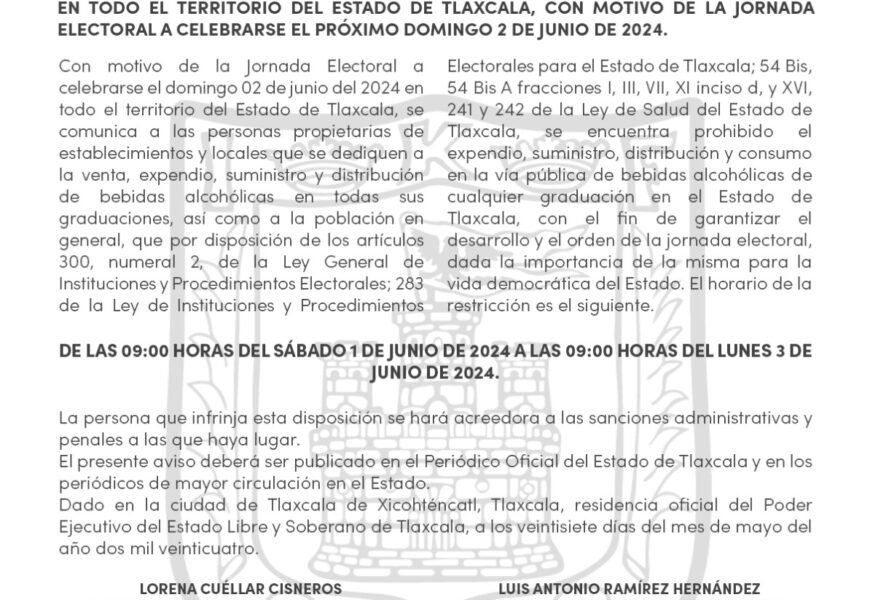 Ley Seca en Tlaxcala contribuye al desarrollo ordenado de la jornada electoral del 2 de junio
