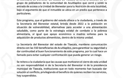 La Secretaría de Bienestar garantiza el programa alimentario a beneficiarias de la unidad Acuitlapilco en la capital de Tlaxcala