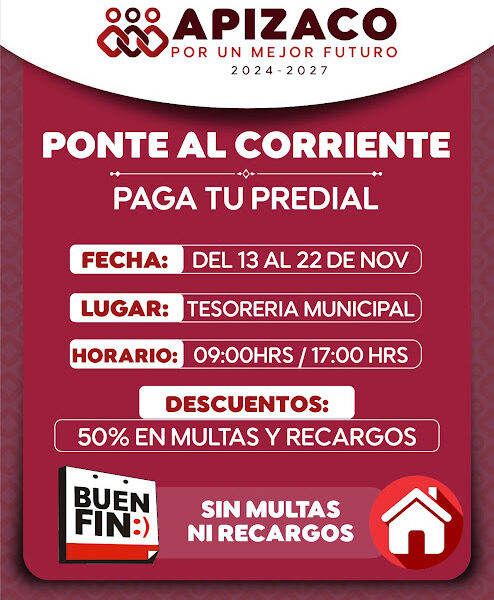 Apizaco anuncia descuentos en Predial por el Buen Fin