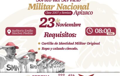 Realizarán sorteo del Servicio Militar en Apizaco el 23 de noviembre