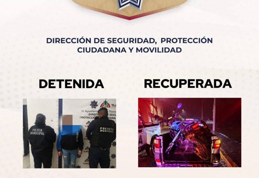 Motocicleta robada recuperada en Tlaxcala; hay una detenida