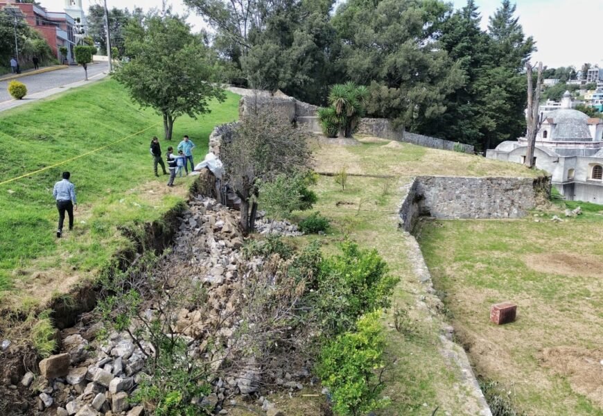 Ayuntamiento de  Tlaxcala atiende muro colapsado del exconvento San Francisco
