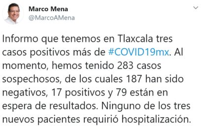 Confirma SESA tres casos más de Covid-19 en Tlaxcala