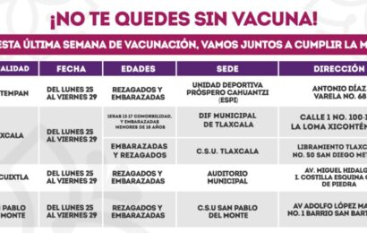 Iniciará Tlaxcala última semana de vacunación contra Covid-19 para rezagados, embarazadas y adolescentes con comorbilidad